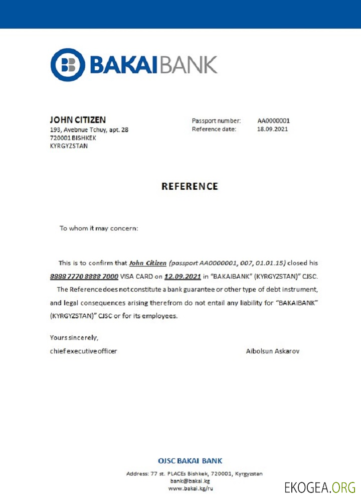 Kirghizistan , OJSC Bakai Bank , closure référence